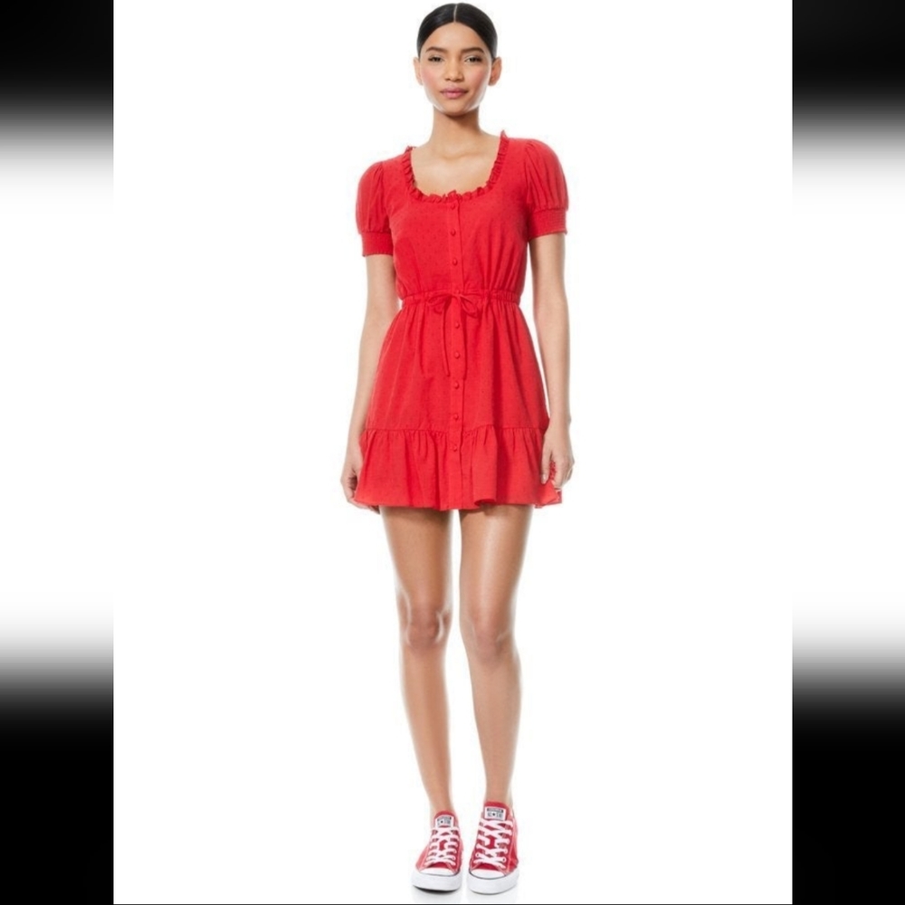 Alice + Olivia AVI Poppy Red Button Front Ruffled Short Sleeve Mini Dress Sz 8